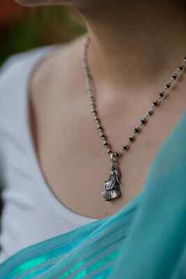Sri Radha Silver Pendant wit Silver Tulasi kanthimala . Handmade tulsi necklace