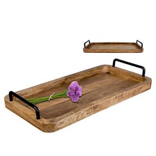 Serviertablett Mango Holz Tablett mit Griffen Deko Küche Ablage Vintage 60x30cm
