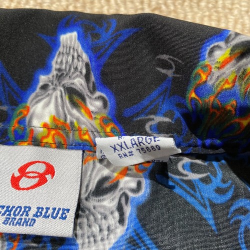 VINTAGE Y2K Skulls Shirt Mens XL Anchor Blue Flaming Skull Fire All Over Print - Picture 8 of 10