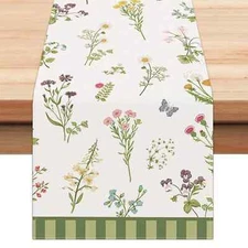Bonhause Spring Wildflowers Table Runner 13x72 Inch Floral Green Leaves Plant...