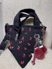 Madden Girl Cherry Corduroy Mini Tote Crossbody Bag Charms Keychain NWT Black