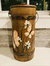 Vintage Firkin Floral Sugar Bucket with Handle Hand painted Primitive Folklore