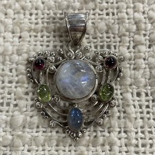 Vintage Sterling Silve 925 Moonstone & Multi Gemstones Charm Pendant