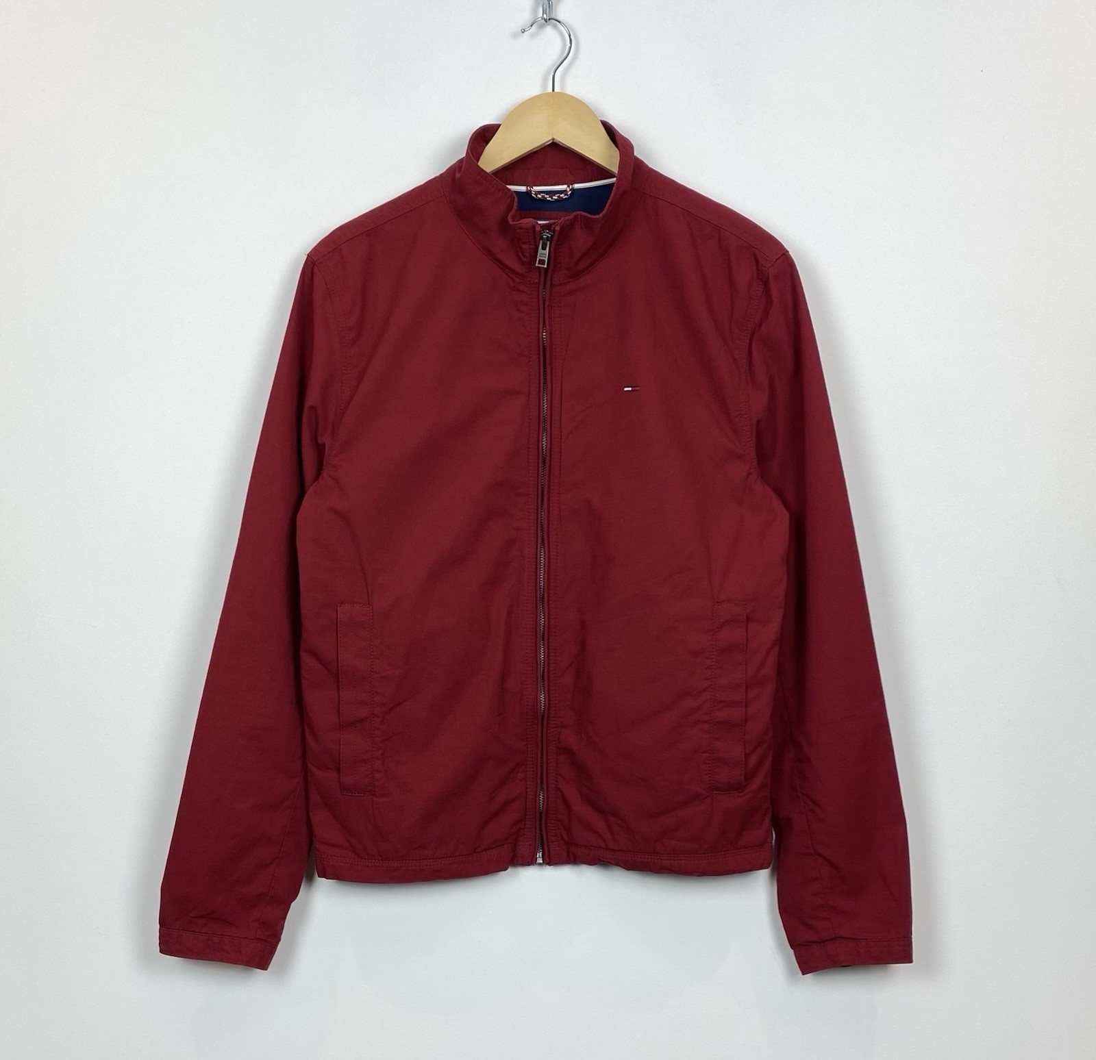 Tommy Hilfiger Men's Red Denim Bomber Jacket Size M Classic USA Style