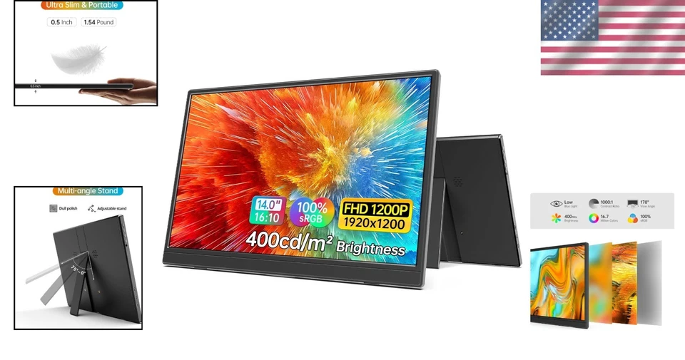 14" FHD Portable Monitor USB C HDMI Speakers - Image 2 of 4