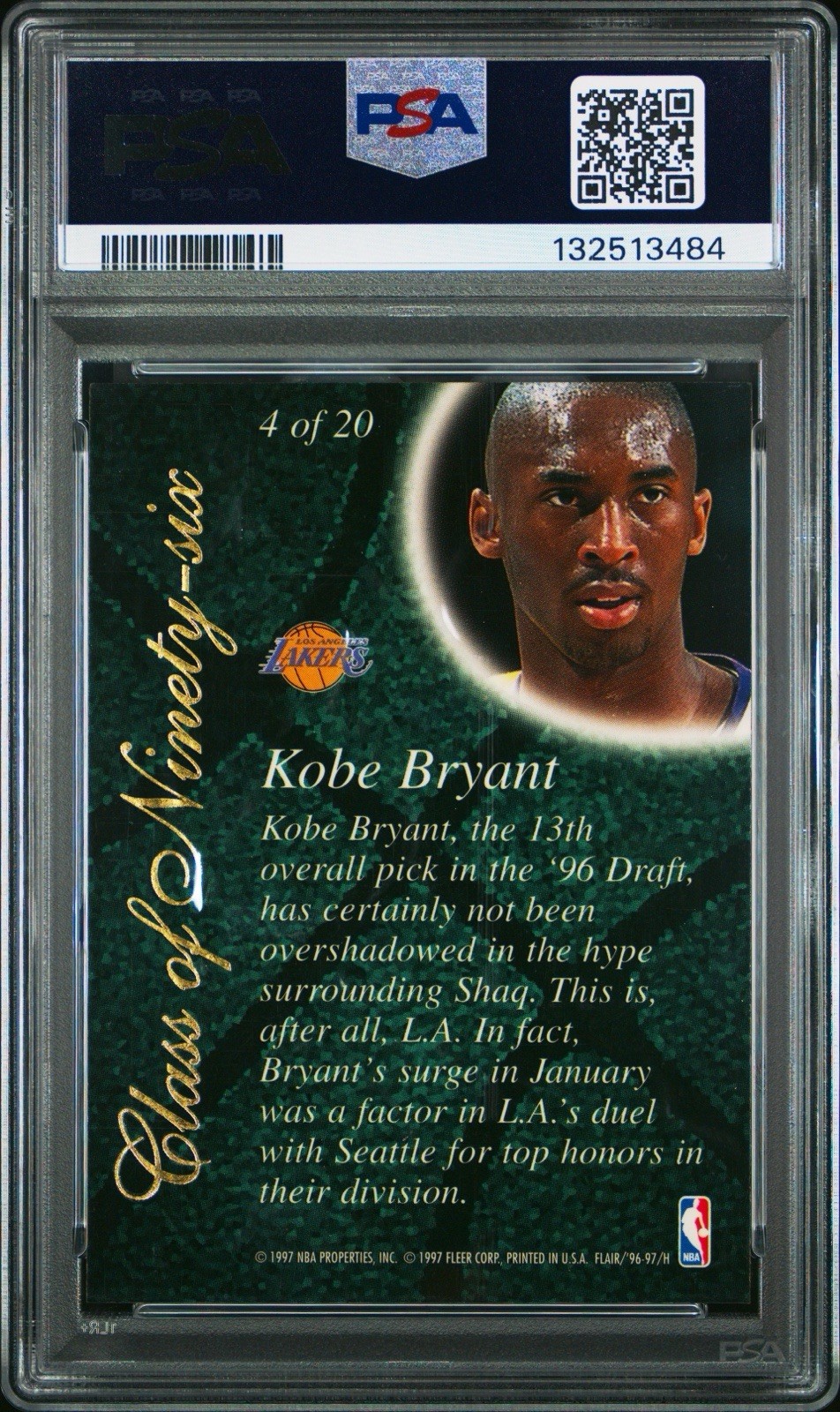 KOBE BRYANT 1996 FLAIR SHOWCASE CLASS OF '96 #4 ROOKIE RC LAKERS PSA 8 NM-MINT view 3