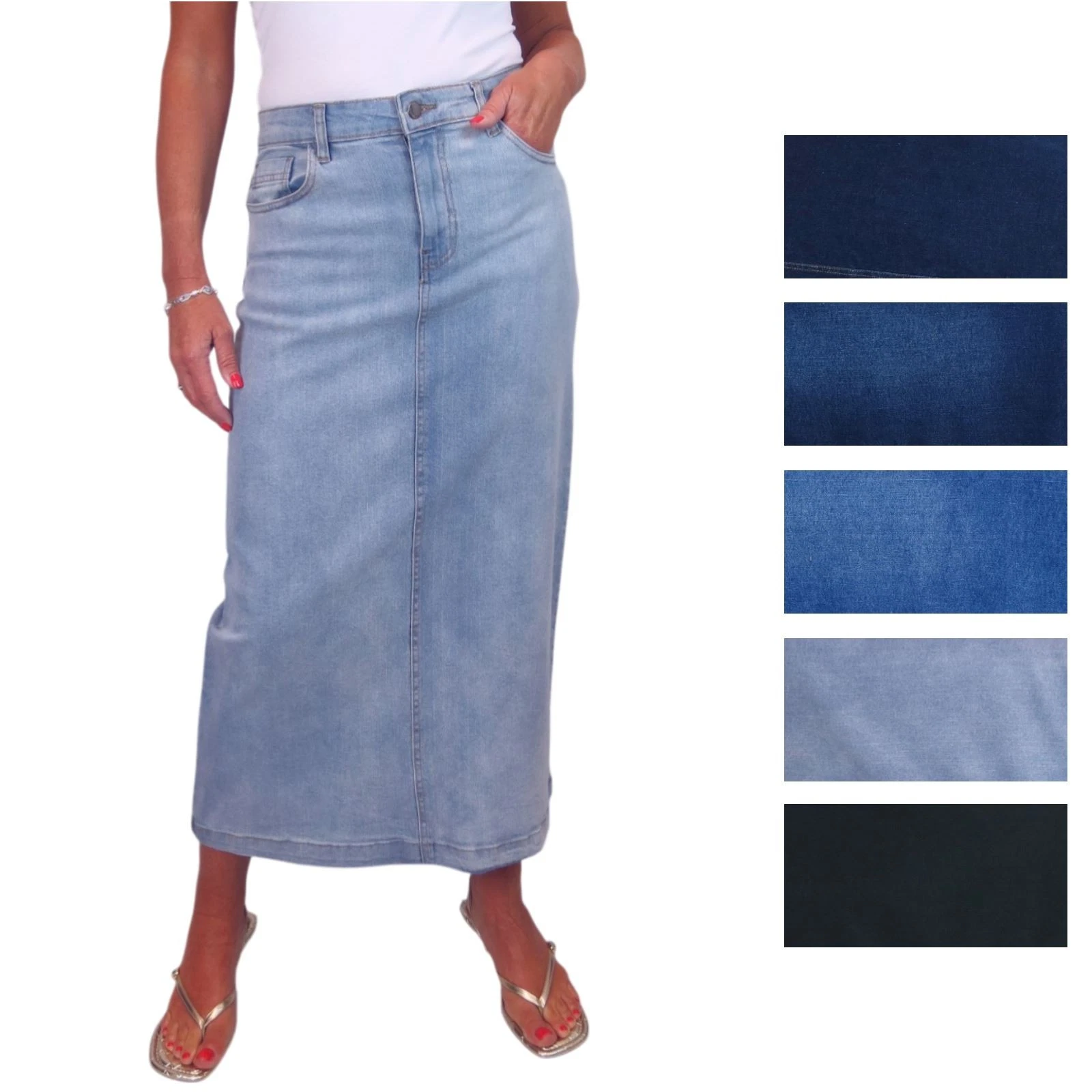 Womens Soft Wash Stretch Denim Maxi Jeans Skirt Straight 10-22