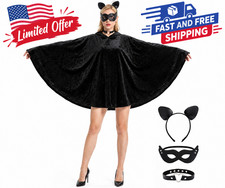 4 Pcs Black Cat Costume Hooded Cape Set Halloween Women Cat Cosplay Outfit