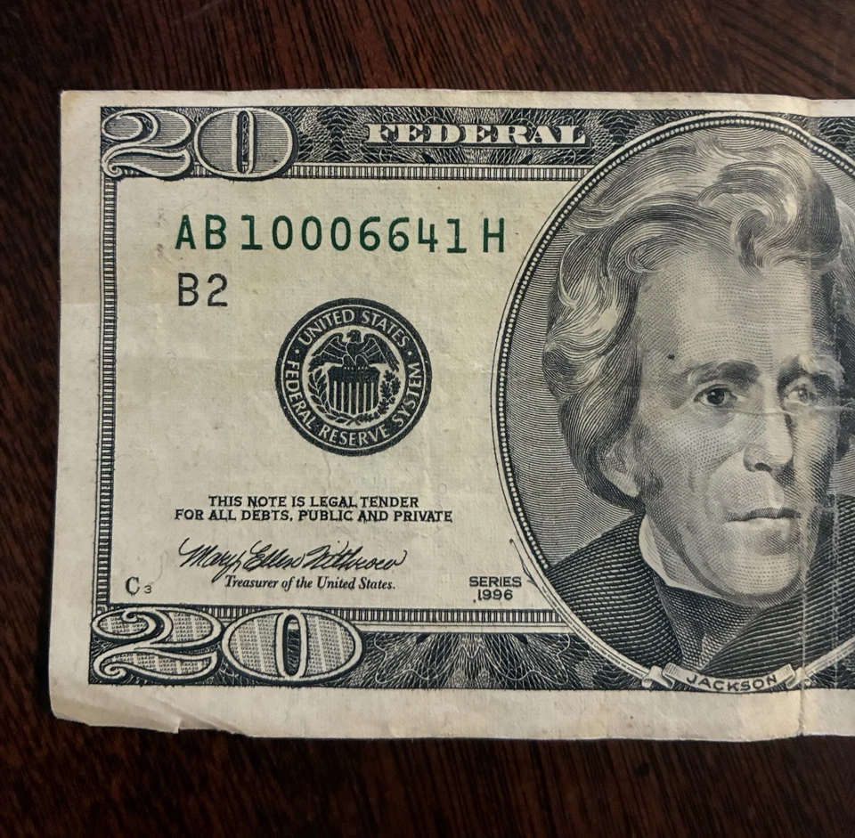 Error Miscut Misaligned Misprint US $20 Twenty Dollar Bill Banknote 1996 - Image 3 of 4