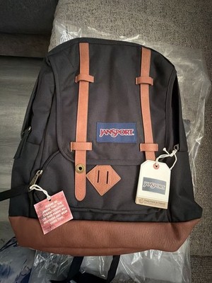 JanSport Heritage Series Black Backpack with Brown Faux Leather Trim
