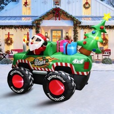 8FT Long Santa in Monster Truck Christmas Inflatables Outdoor Decorations, Xm...