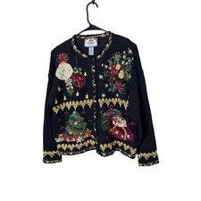 Tiara Petites Vintage Christmas Cardigan Sweater Black Beaded Embroidered PL