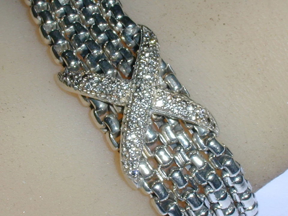 David Yurman 钻石双 X 纯银盒链手链 - 6 1/2 英寸长 - 0.61 TCW! — 第 3/4 张图片