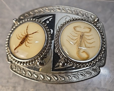 Western brass belt buckle with two scorpions set in acrylic resin
