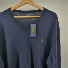 NEW Polo Ralph Lauren Pima Cotton Sweater Mens XL V Neck Long Sleeve Navy Blue