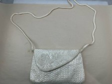 La Regale Vintage Beaded White Shoulder Bag Purse Floral Design w/Rope Strap