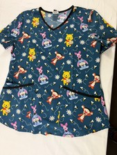 DISNEY Scrub Top Pooh  Pals "Bee My Honey" Print Teal Nursing Pediatrics Sz S