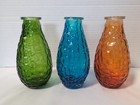 LOT OF 3  6" T X 2-1/2" W GLASS VASES  PEBBLED TEXTURE GREEN, BLUE, ORANGE  NWOT