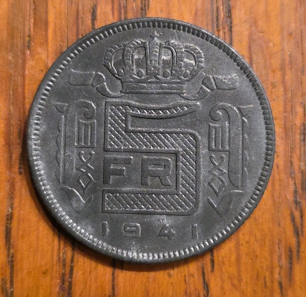 1941 Belgium 5 Franc Dutch Text, King Léopold III, Monogram