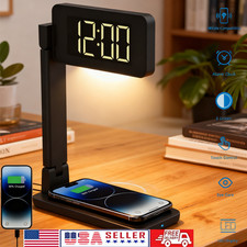 Bedside Desk Lamp Office Light w/ Clock Wireless Charger USB Phone Charging Port