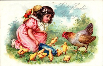 Vintage Easter Postcard Girl Feeding Chicks by Raphael Tuck