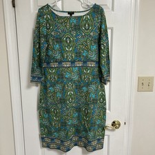 TALBOTS Blue Green Paisley Sheath Dress Size 12 Knit 3/4 Sleeve Border Print EUC