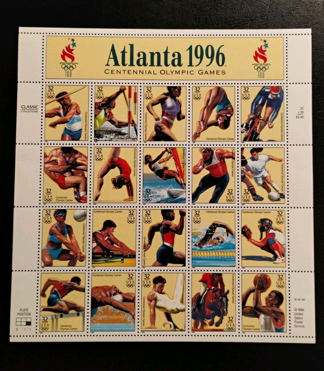 USPS Atlanta 1996 Olympic Games 32¢ Stamp Sheet, MNH, Uncancelled