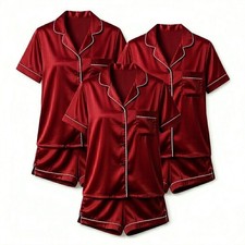 3 Pack Womens Satin PJ Set Short Sleeve Shirt & Shorts | Silky Pyjamas Nightwear