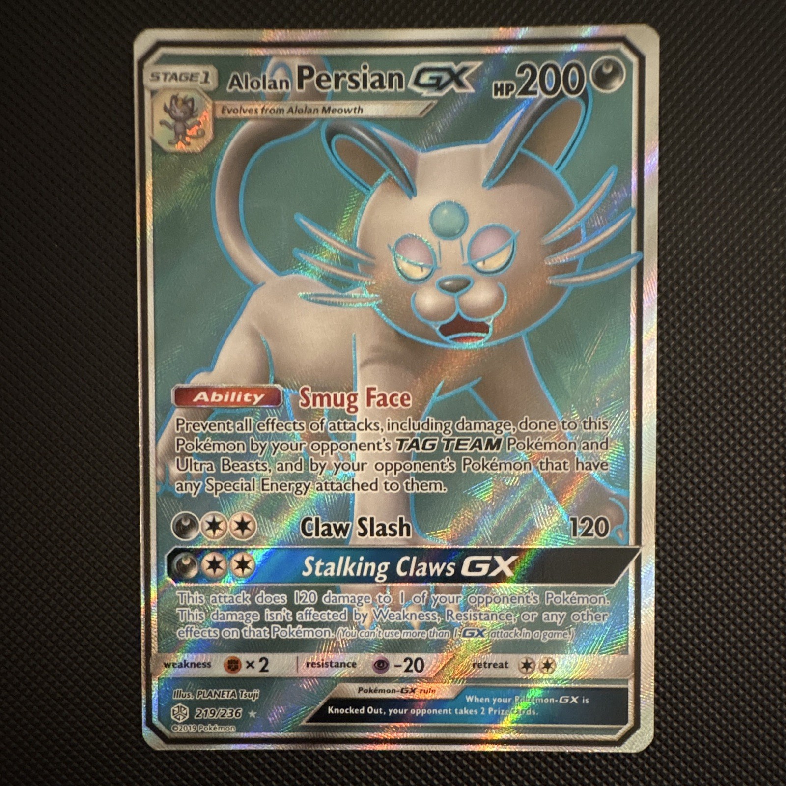 Pokemon Alolan Persian GX 219/236 Cosmic Eclipse Sun & Moon FULL ART