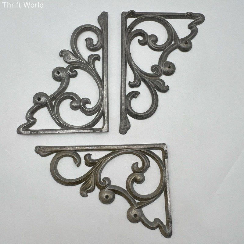 Vintage Cast Metal Wall Brackets Lot 3 Ornate Scroll Shelf Support Victorian