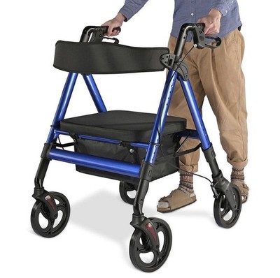 New Rollator Walker With Seat 4 Wheel Folding Mobility Aid Blue Storage 
