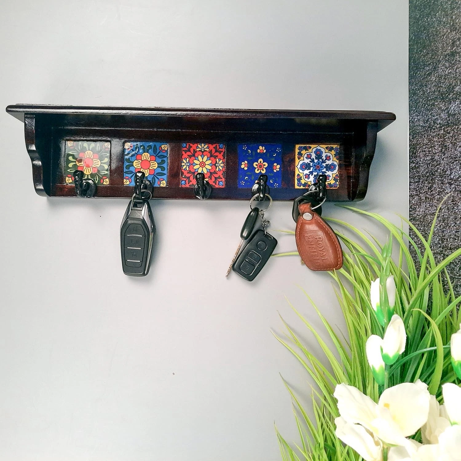 Handcrafted Wooden Wall Mounted Shelf With Hooks Traditional Tiles Work Art