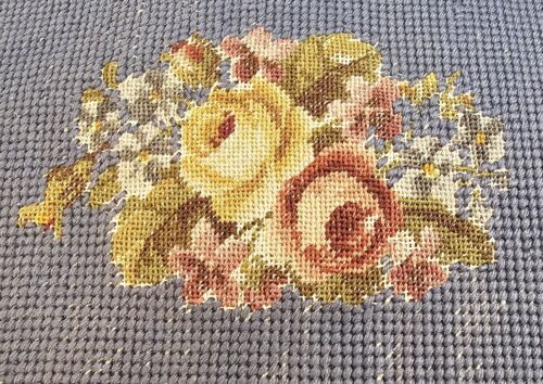Vtg Antique Wool Needlepoint Pillow French Blue Rose Floral Down Filled 17x17 - Picture 3 of 12
