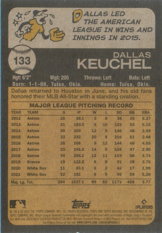 Dallas Keuchel 2022 Topps Heritage Baseball Card #133 Chicago White Sox MLB - Image 2 of 2