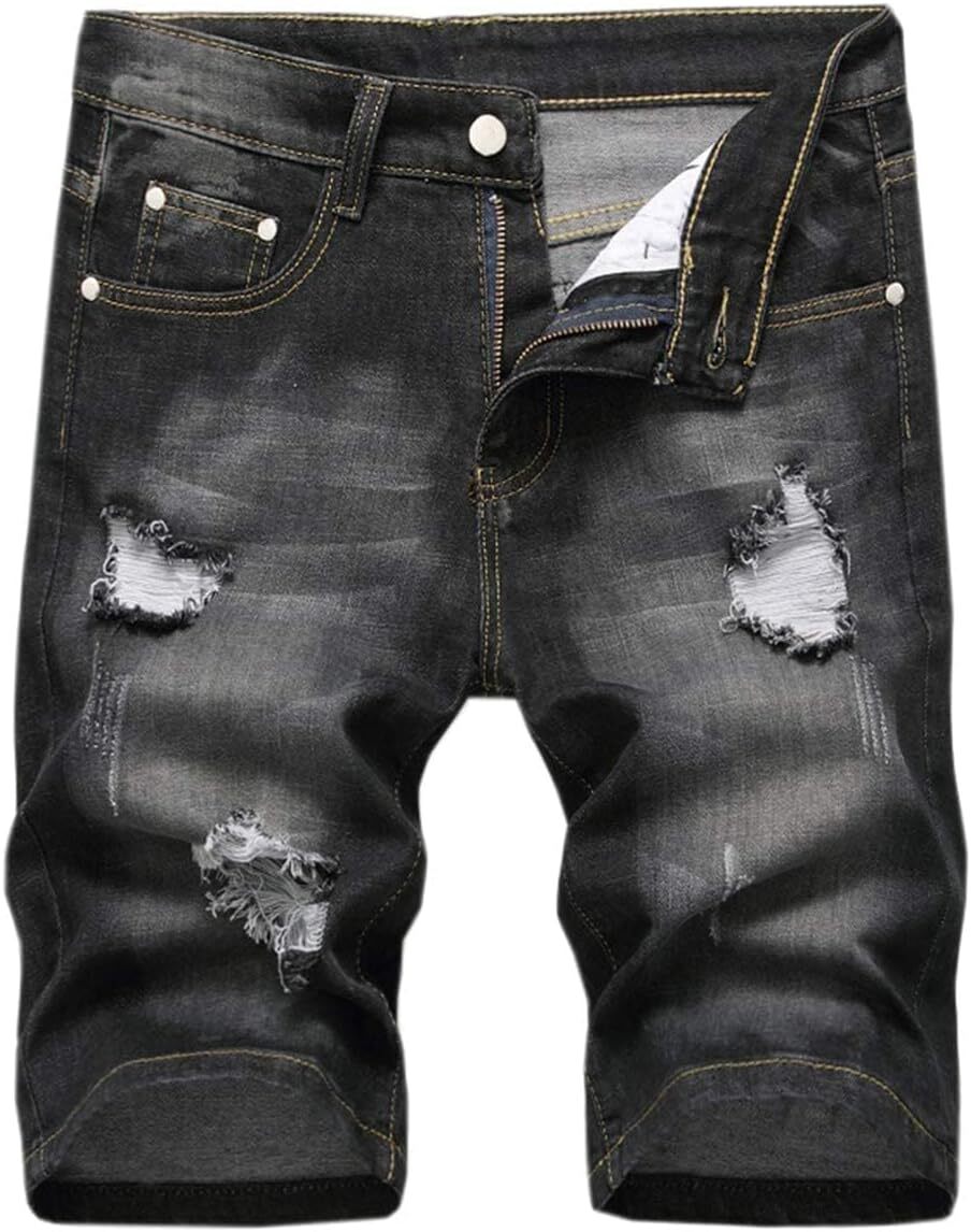 Men's Distressed Denim Shorts Summer Casual Straight Fit Ripped Jean Style