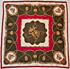 SCARF VINTAGE AUTHENTIC EQUESTRIAN ART HORSE HEAD RED GREEN 34" SQUARE