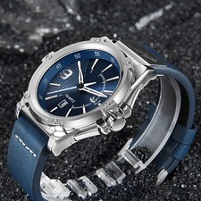 Luxury Men Blue Genuine Leather Quartz Date Watch Waterproof Sports Wristwatch
