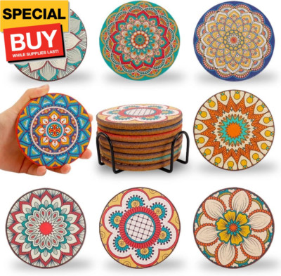 Coasters Set of 8,Cork Coasters for Drinks,Colorful Drink Coasters with Holder,C