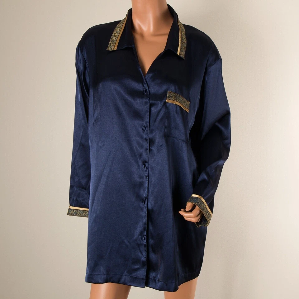 💖 复古 JACLYN SMITH Studio Intimates 睡衣套装 蓝色丝缎金色装饰 XL — 第 3/4 张图片