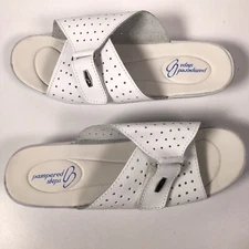 Pampered Steps Women's Sz 9 Slides Hook & Loop Strap White & Blue