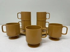 Vintage 7 Golden Brown MCM Melamine Footed Stackable Coffee Cups & Platter