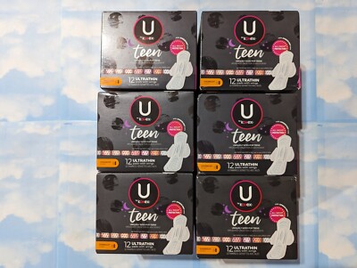 LOT (6) U BY KOTEX TEEN OVERNIGHT ULTRA THIN PADS WINGS  12 CNT TOTAL 72