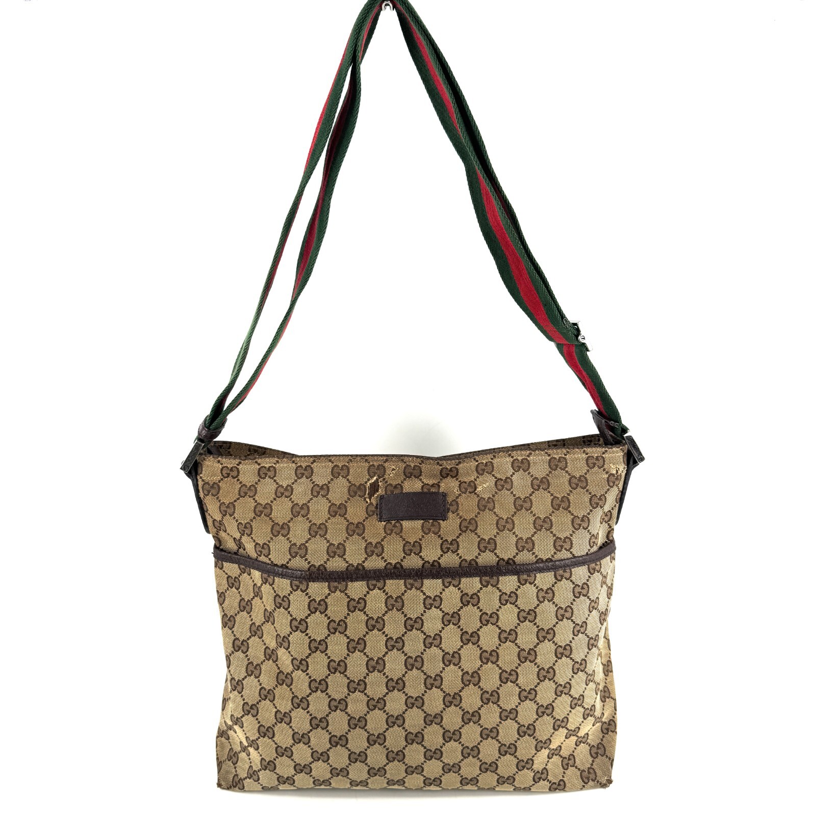 Gucci GG Canvas Sherry line Shoulder Messenger Bag Beige Brown Leather Authentic