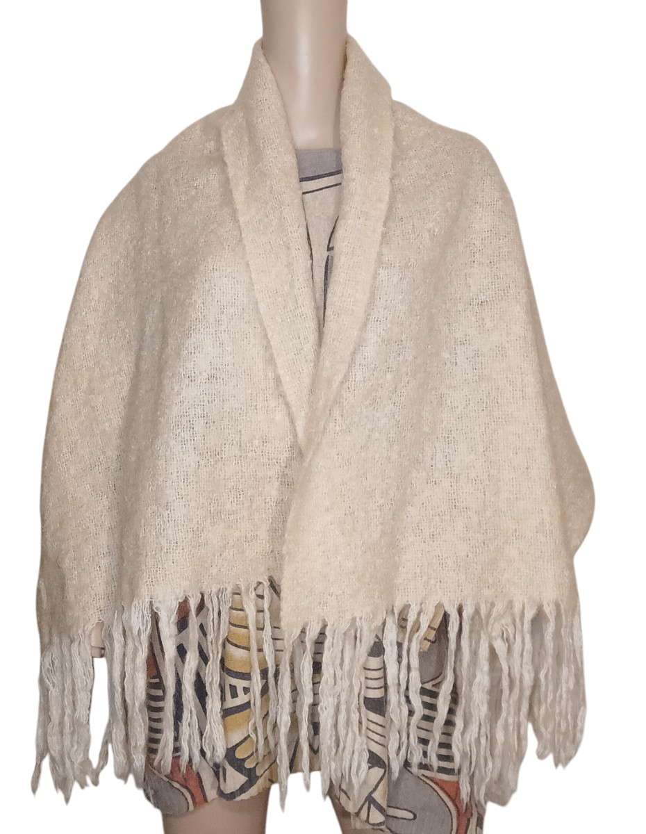 Vtg Unisex St Albans Mohair Ivory Cream Fringe Large Scarf Wrap Australia Warm