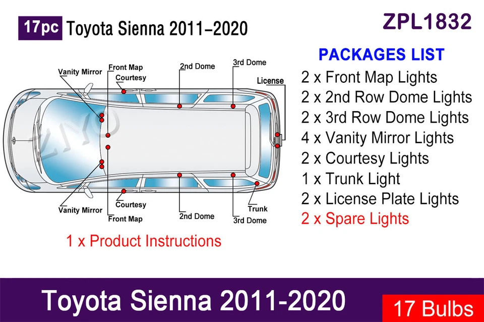 17pcs LED Interior Light Upgrade for 2011-2020 Toyota Sienna White Light Bulbs - Image 2 of 4