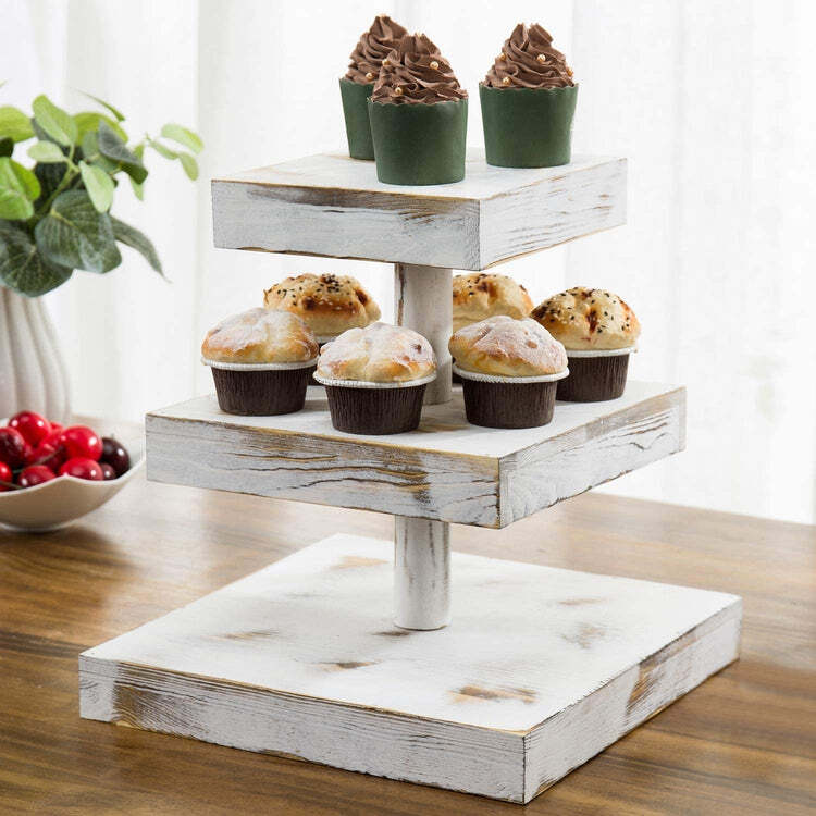 Whitewashed Wood Cupcake Stand, 3-Tier Square Desserts Appetizer