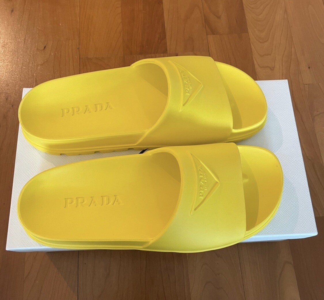 Prada Logo Rubber Pool Platform Slide Sandals - Yellow IT 36