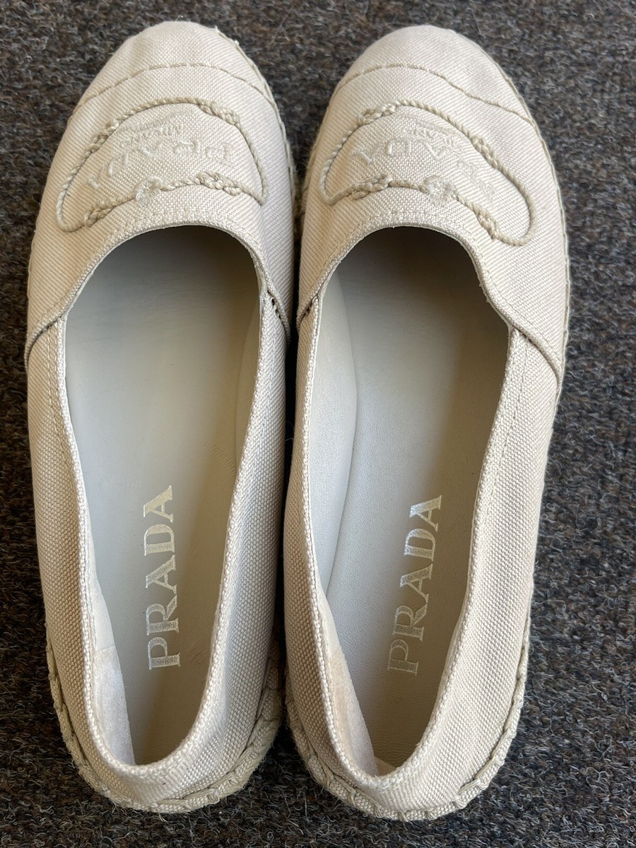 Prada Embossed Logo Hemp Espadrilles Flat Shoes sz 37.5