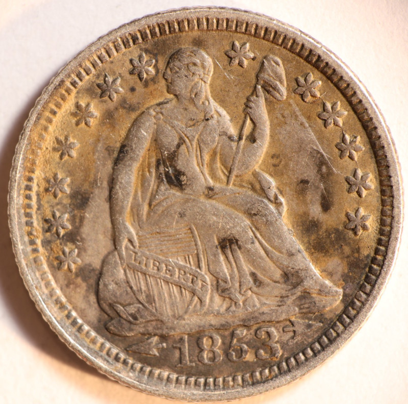 1853 P Seated Liberty Half Dime 5C Cents Coin Silver, Arrows, XF/AU!!