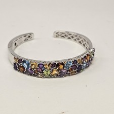 Rhodium Over Sterling Silver Multi-Colored Gemstone Hinged Cuff Bangle Bracelet